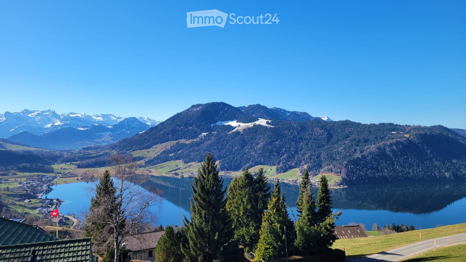 Panoramic view of a serene lake surrounded by lush green trees and snow-capped mountains under a clear blue sky.