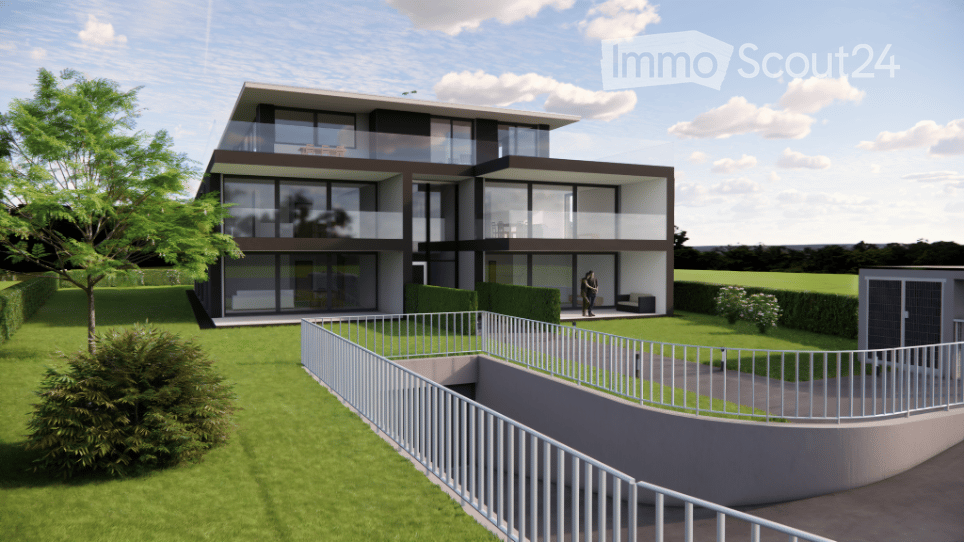 Two-story house, brown brick facade, glass windows, glass balcony, fenced garden
