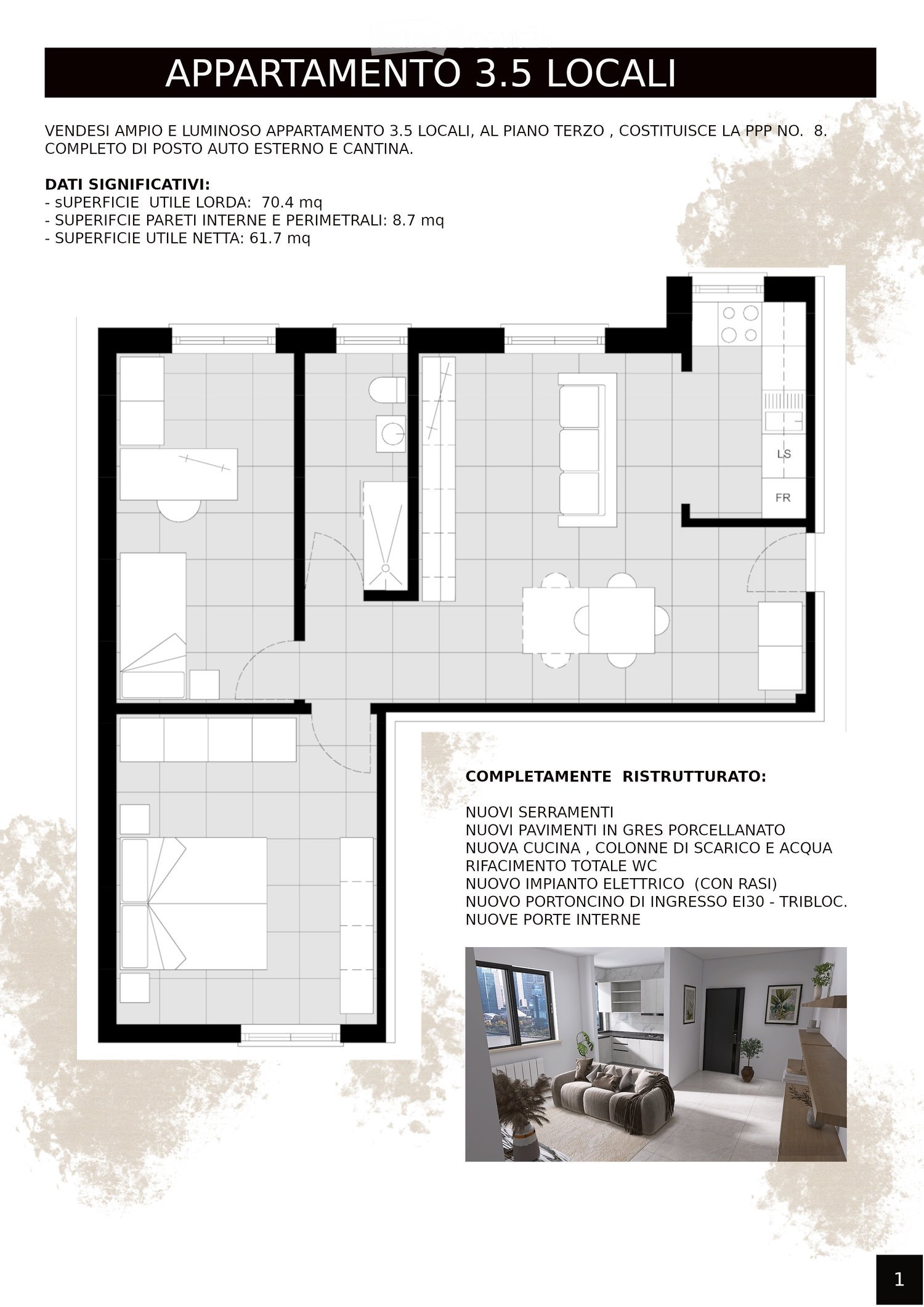 Floor plan of a 3.5-room apartment on the third floor, including a parking space and a storage room.