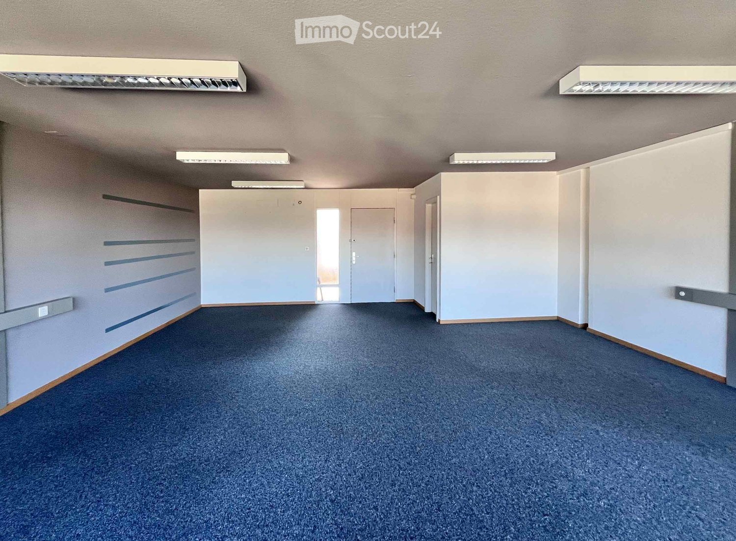 Empty room with blue carpeted floor, white walls, and several doors leading to other spaces. The room has built-in storage units on one wall and fluorescent lighting fixtures on the ceiling.