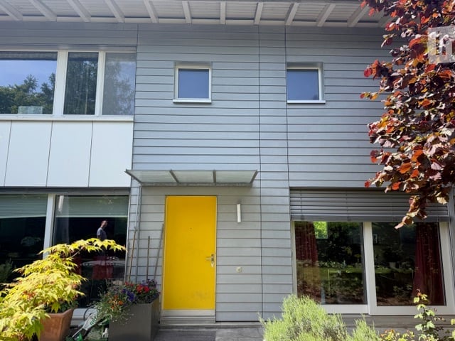Modern two-story house with grey siding, large windows, and a bright yellow front door. The entrance is flanked by potted plants and small shrubs.