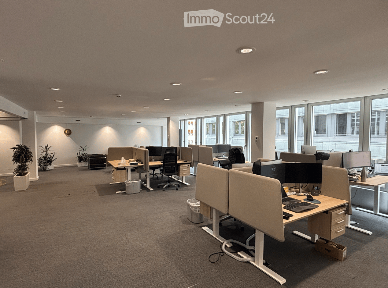 Modern office space with desks, chairs, multiple computer screens, laptops, and potted plants. Large windows provide natural light, and the room features a carpeted floor and recessed ceiling lighting.