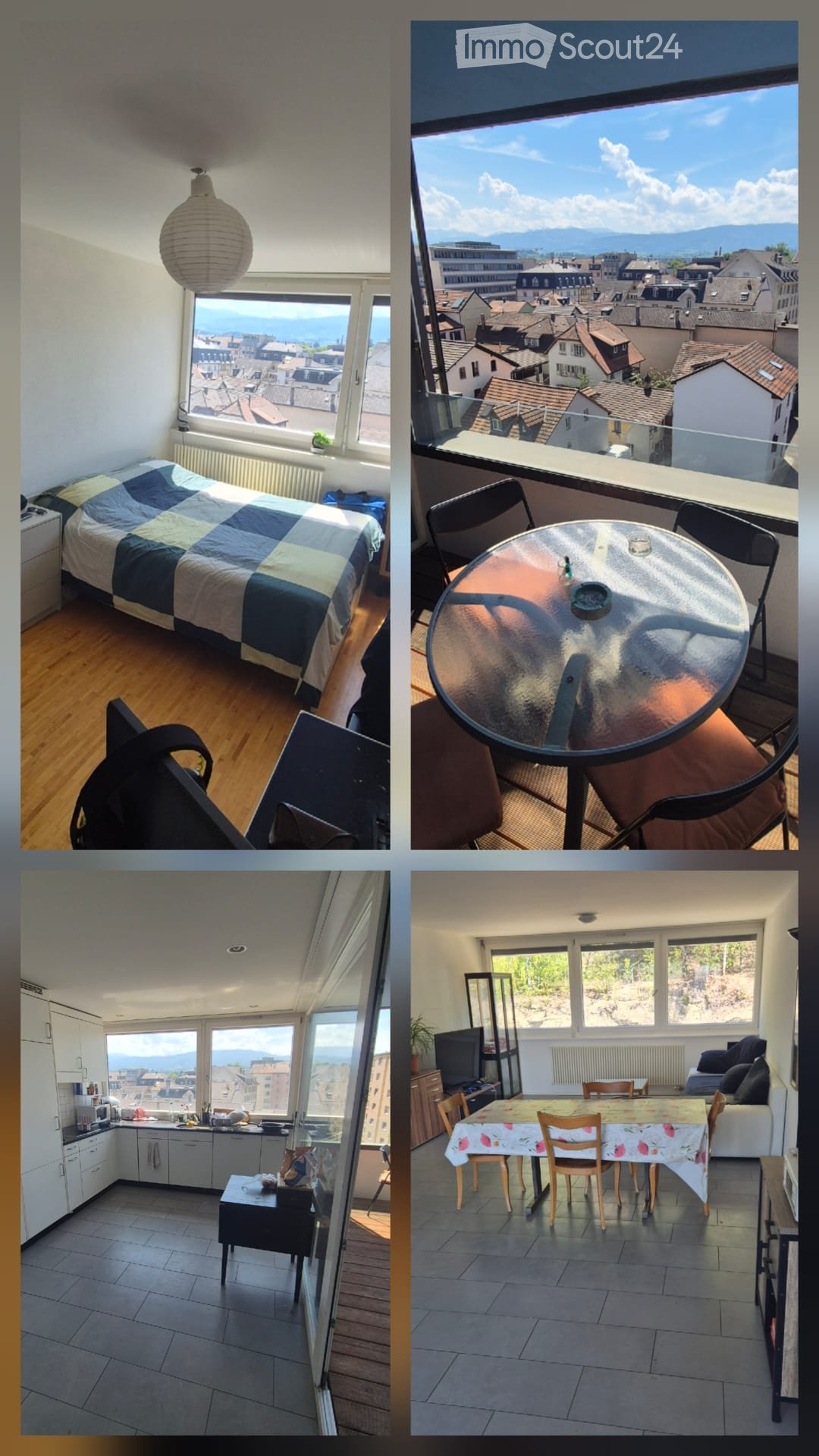 Four images showing a furnished apartment with a bedroom, balcony, kitchen, and living area. The bedroom features a bed with a checkered blanket, a chair, and a view of the city. The balcony has a round glass table and chairs with a scenic view. The kitch