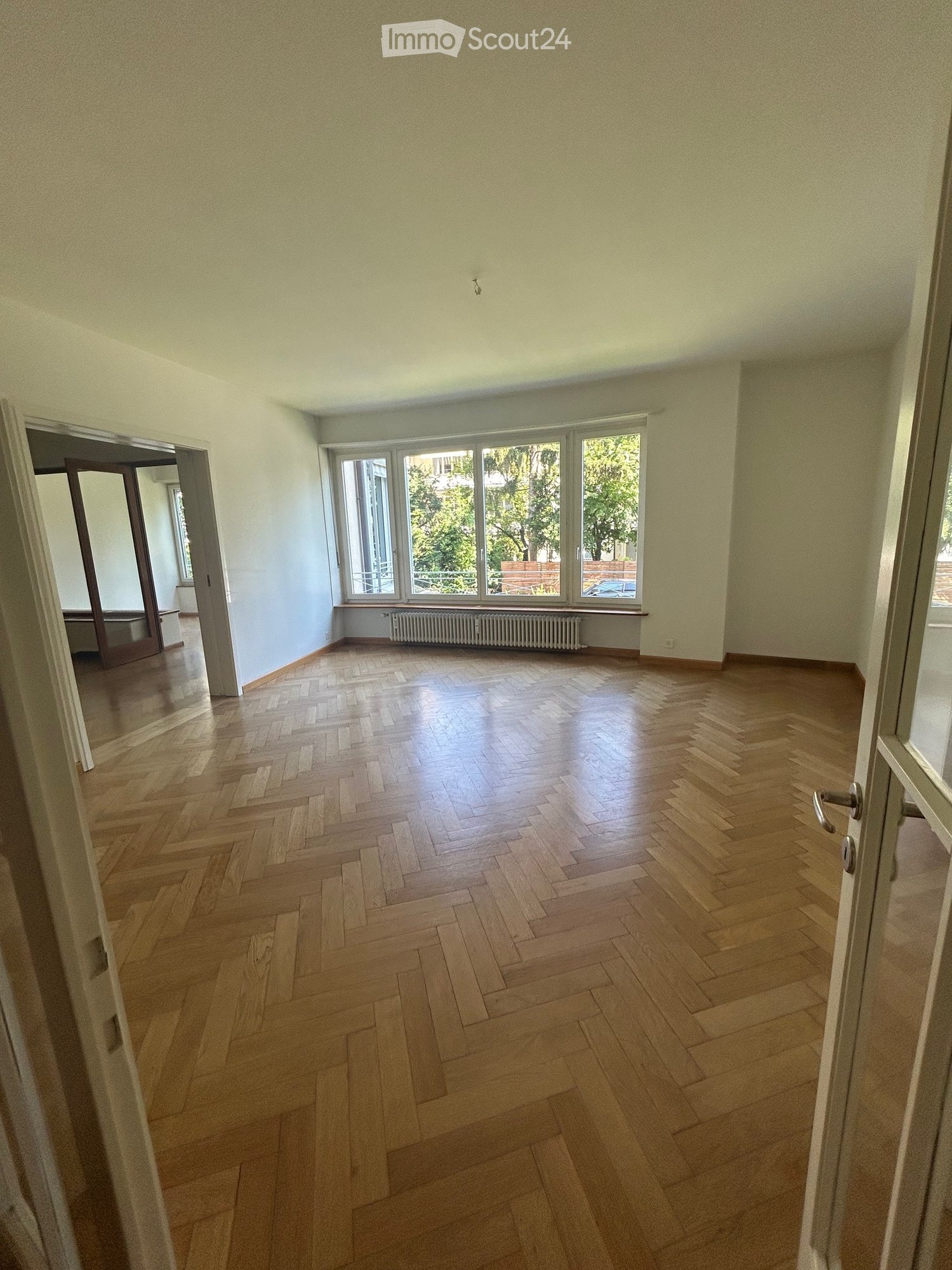 spacious room, wooden parquet flooring, large windows with balcony