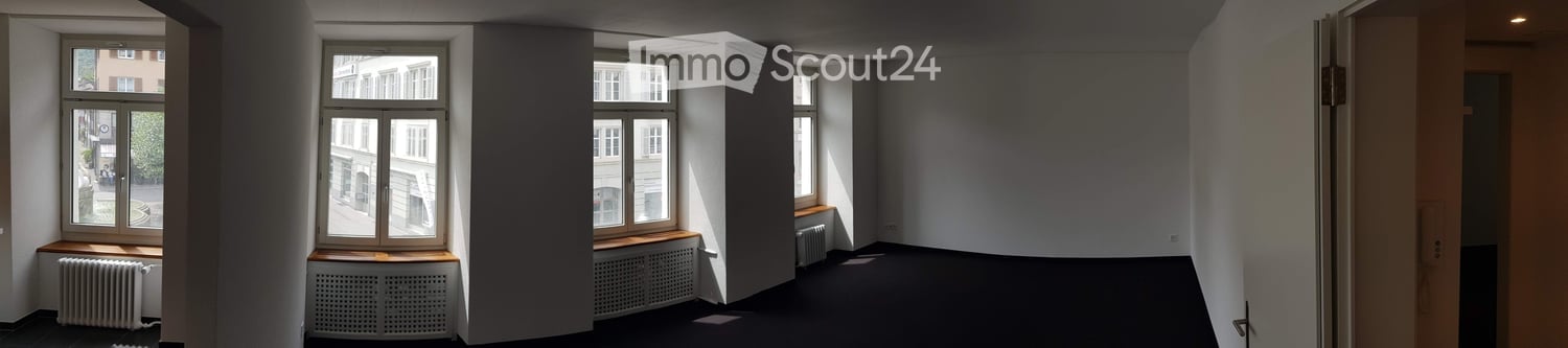 Empty room with 4 windows, radiators, black floor, white walls