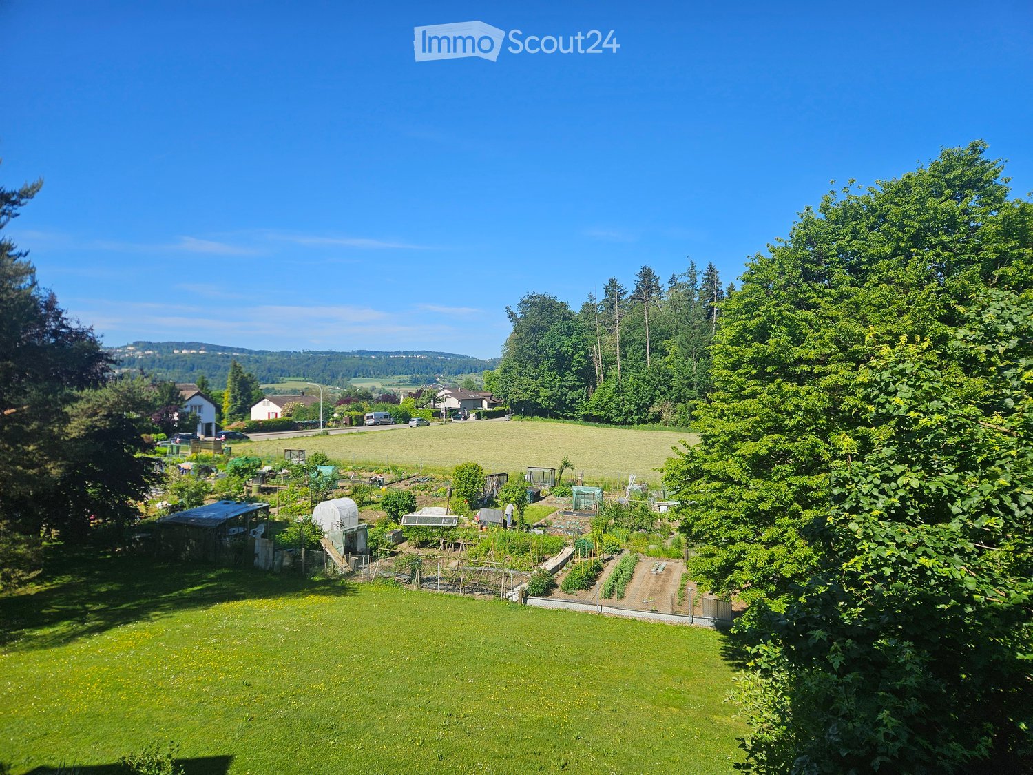 A well-maintained garden with a lawn, vegetable beds, and a greenhouse, surrounded by trees and a rural landscape.