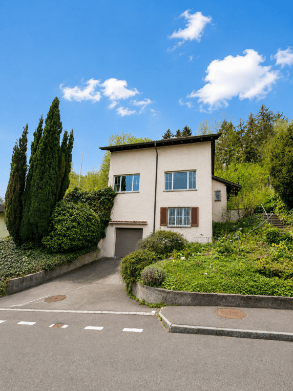 Single-story house with beige facade, multiple windows, garage, and well-maintained garden.