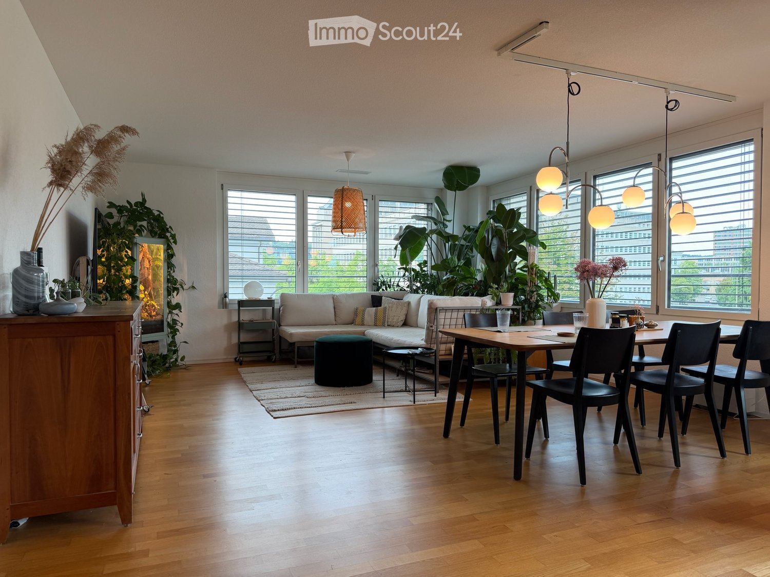 Modern living and dining area with wooden flooring, large windows, a sofa with cushions, a round ottoman, a coffee table, a dining table with chairs, and decorative plants and vases.
