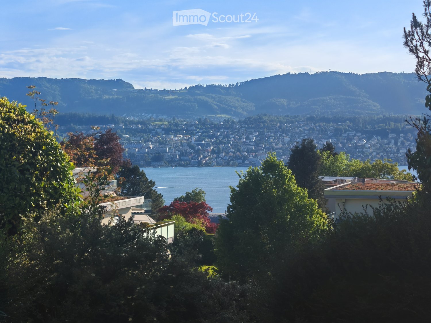 A scenic view of a cityscape across a lake, with hills and trees in the foreground and background.