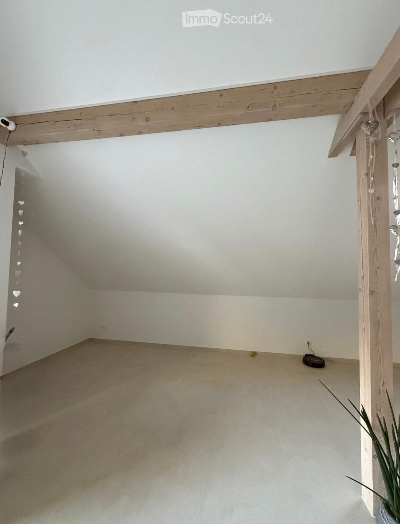 Empty room with light-colored walls, wooden ceiling beams, and a small potted plant in the corner.