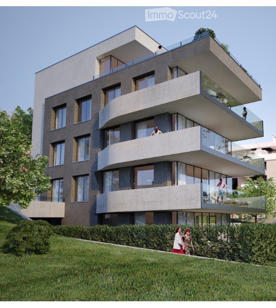 Modern multi-story residential building with balconies and large windows, surrounded by greenery.