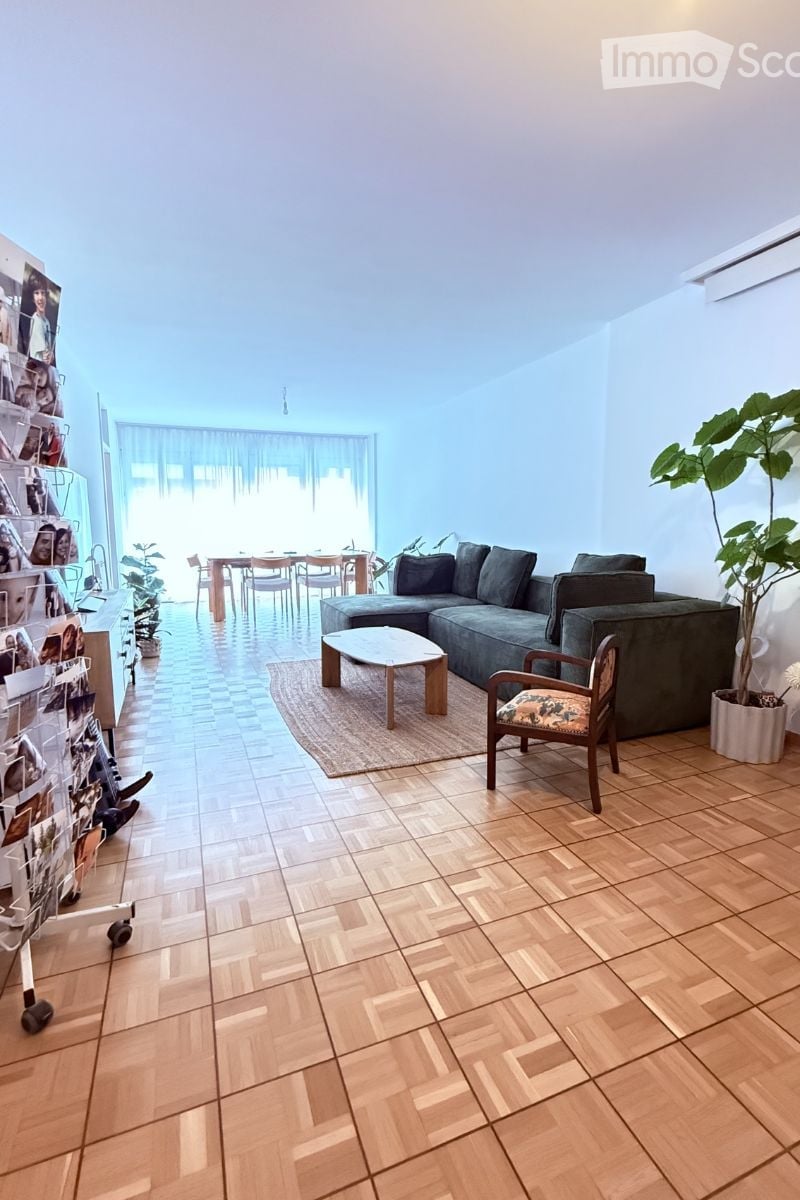 Bright living room with wooden herringbone flooring, grey sectional sofa, coffee table, armchair, dining area with table and chairs, and potted plants.