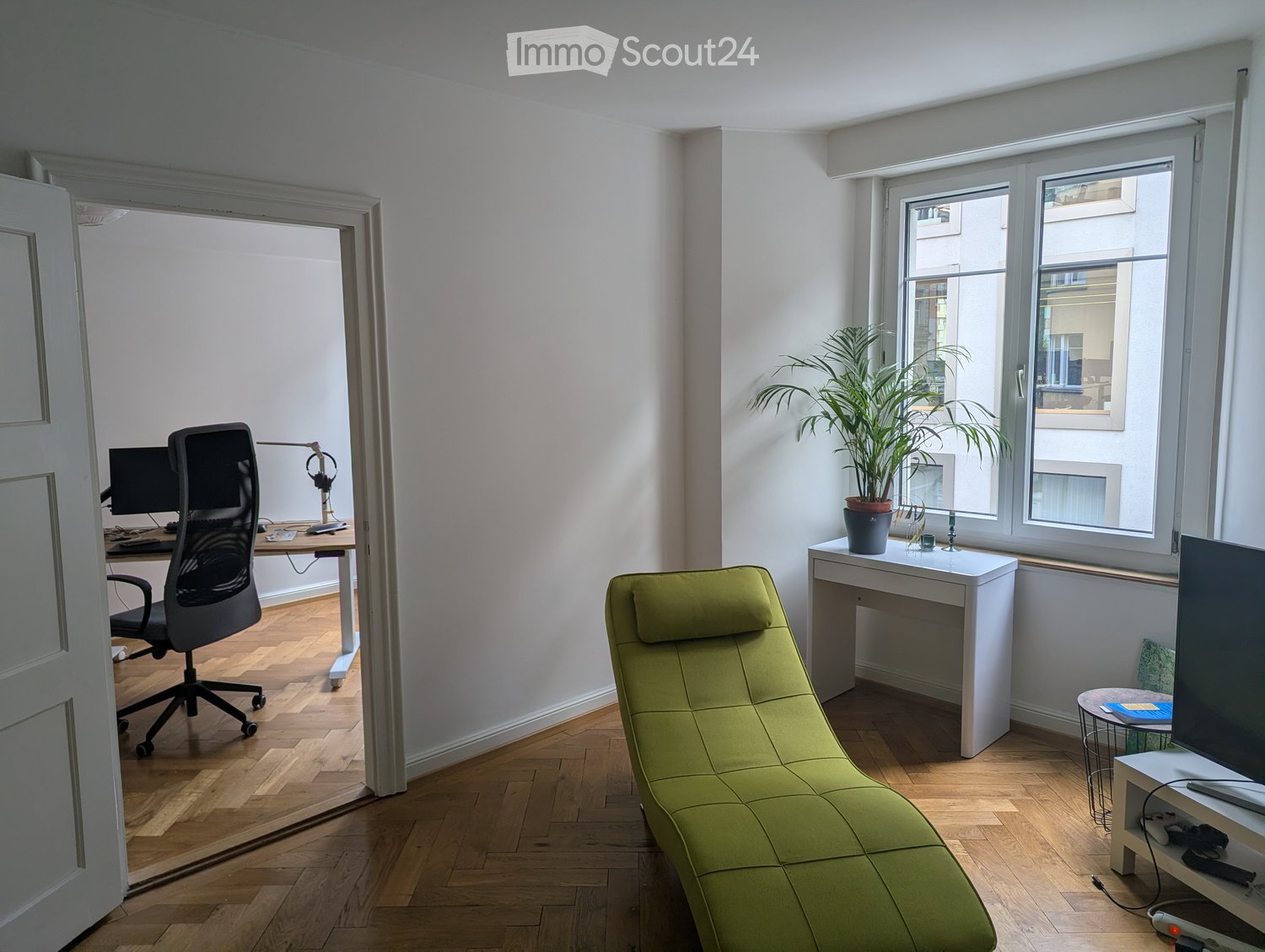 A modern, well-lit room with wooden flooring, featuring a green sofa, a desk with a chair, a small table with a plant, and a TV stand with a screen.