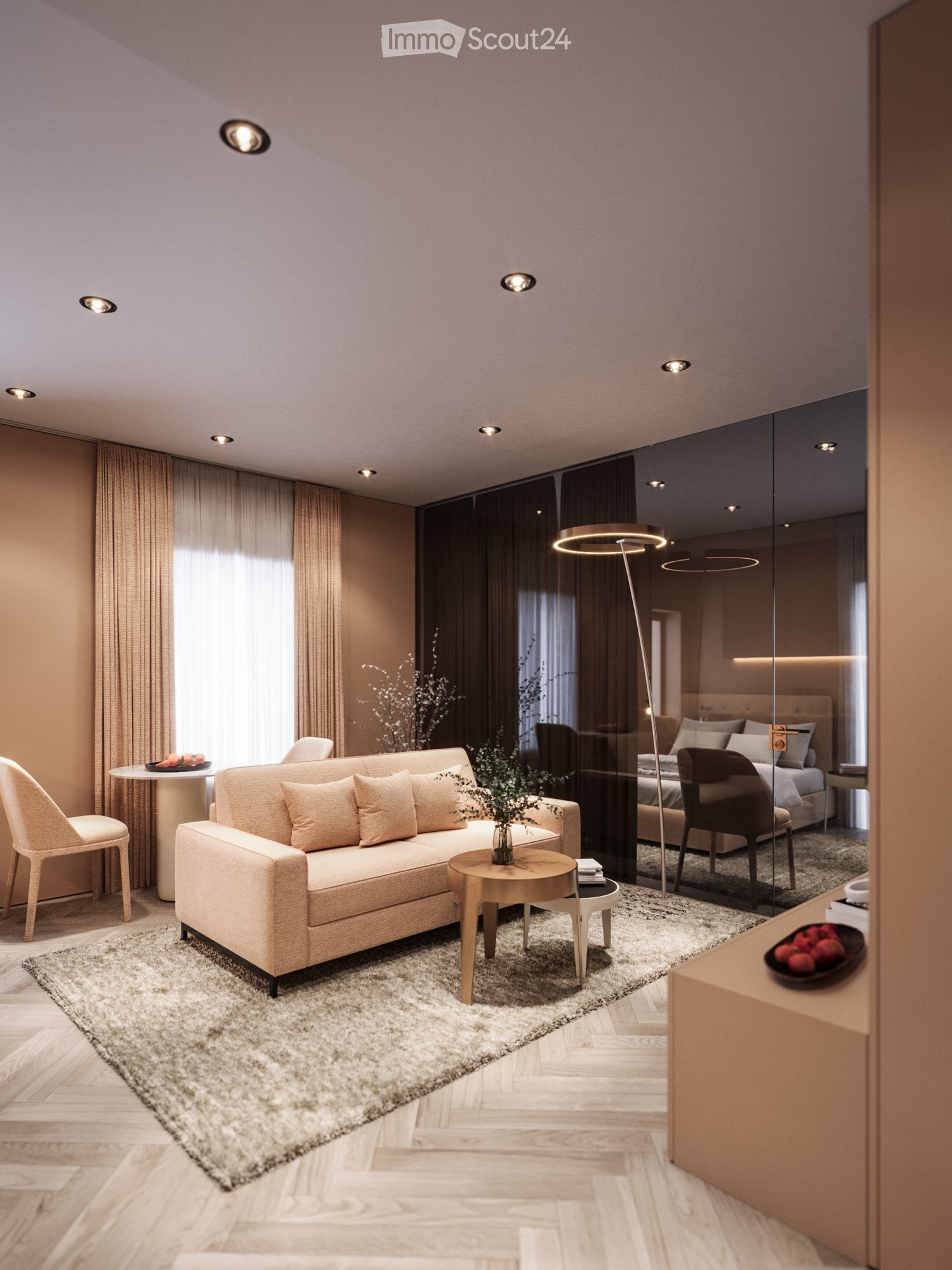 contemporary interior, beige couch, wooden coffee table, armchairs, small round table, floor lamp, rugs, glass wall, bedroom with bed