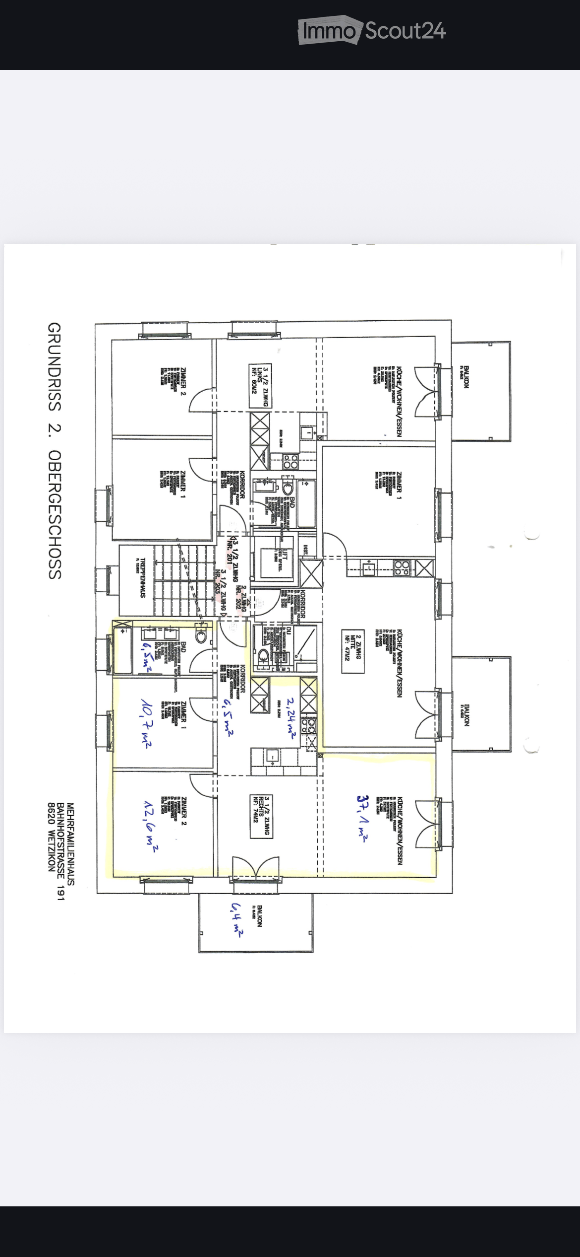 Floor plan of the second floor of an apartment building, showing multiple rooms including bedrooms, bathrooms, kitchen, and living areas, with labeled dimensions and room numbers.