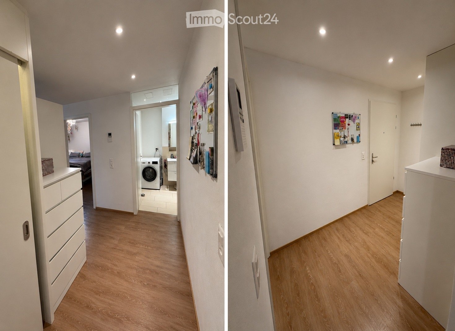 Two images of a modern hallway with light wooden flooring, white walls, and recessed lighting. The left image shows a hallway leading to a bedroom and a laundry area with a washing machine. The right image shows a hallway with a coat rack and a small shel