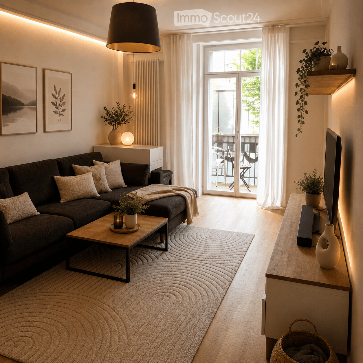 Modern living room with a dark brown sectional sofa, wooden coffee table, wall-mounted shelf, potted plants, and a television on a side table. The room features a large sliding glass door leading to a balcony.