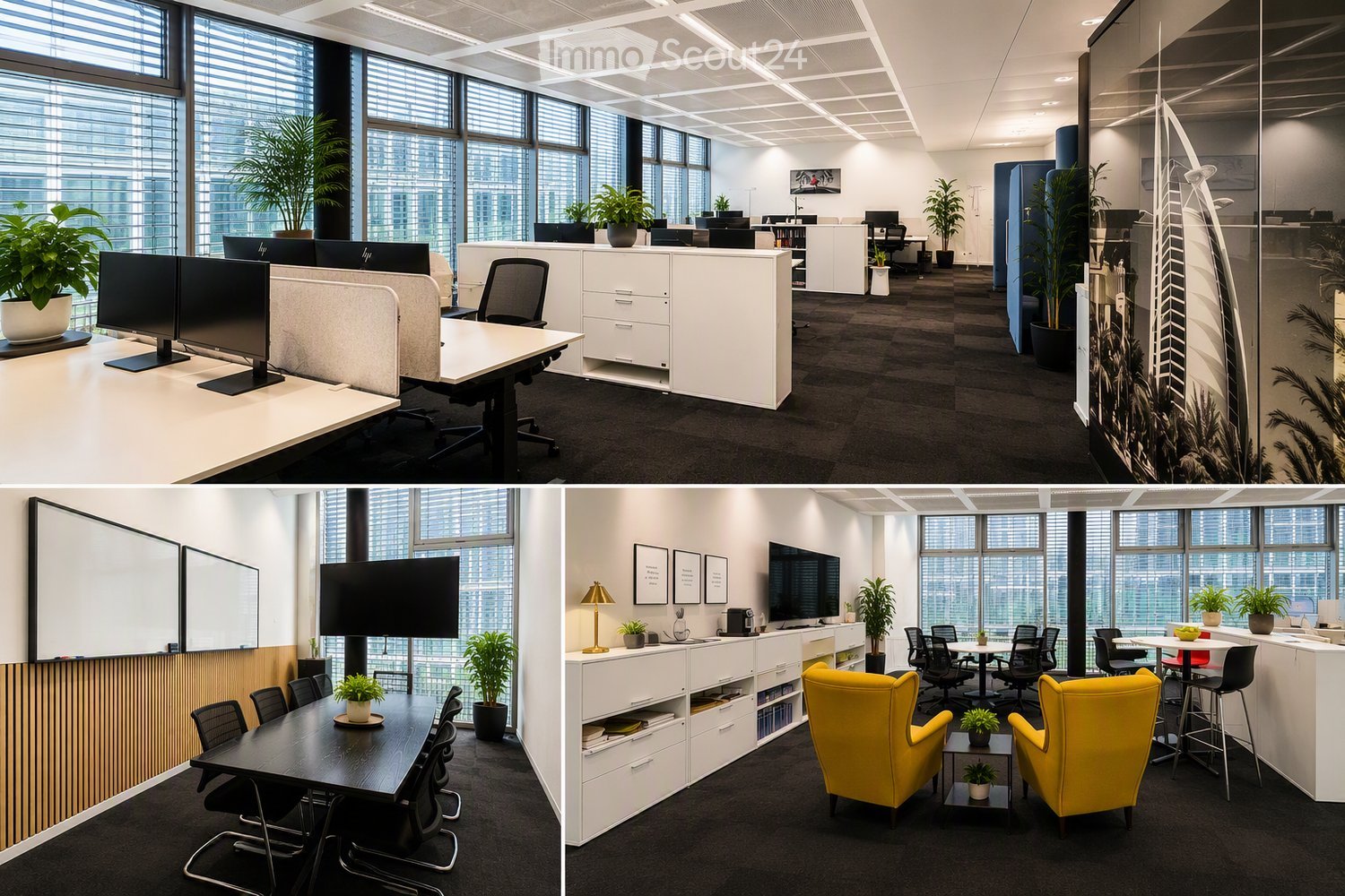 Modern office space with desks, chairs, computer screens, potted plants, cabinets, and a lounge area with yellow armchairs and a small table.