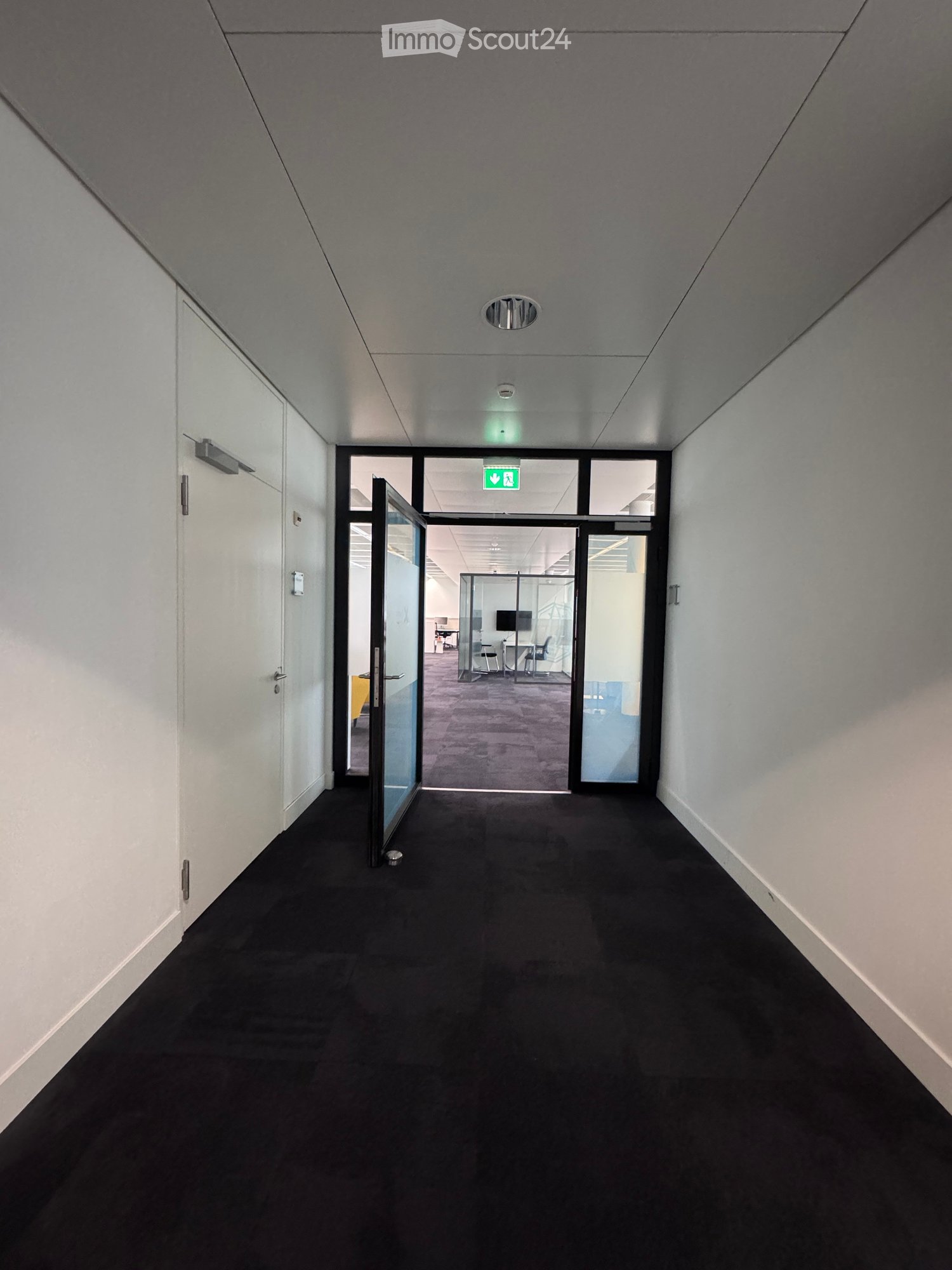 Modern hallway with white walls, black carpet, glass doors leading to an office area, and an emergency exit sign above the door.