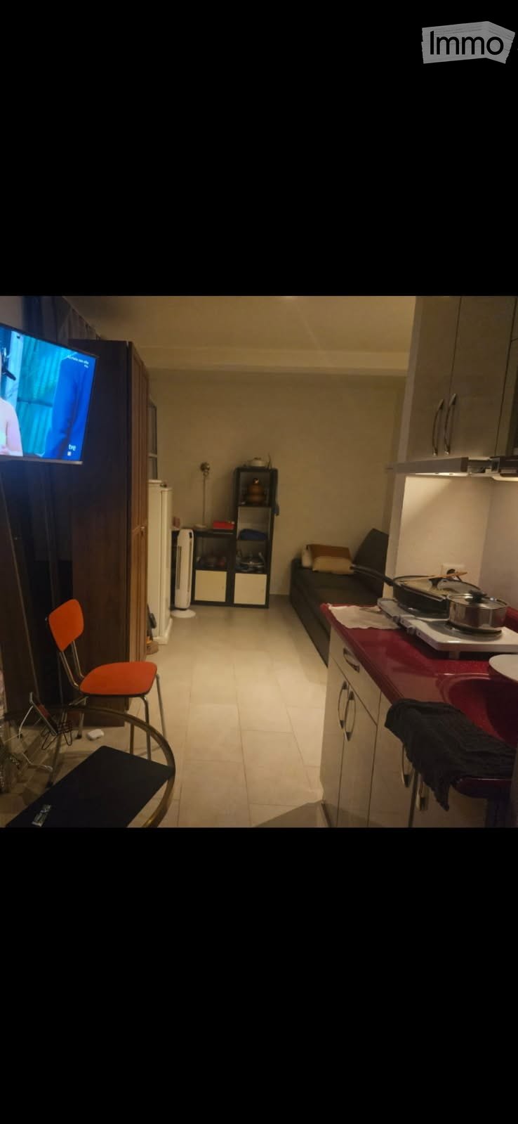 A compact, multi-functional room with a small kitchen area, a couch, a television, and a chair. The kitchen features a counter, sink, and cabinets, while the living area includes a couch and a television.