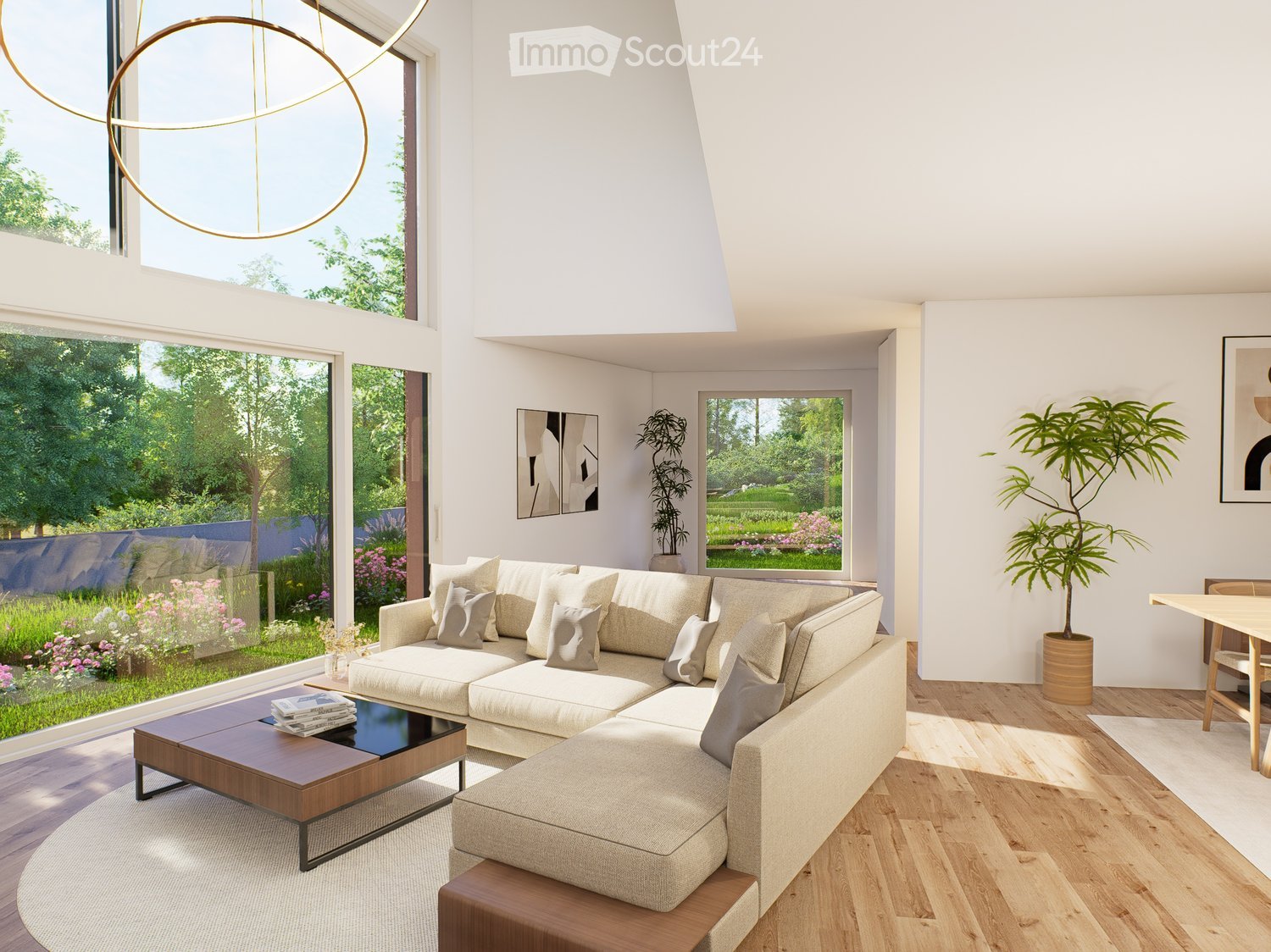 Modern living room with large windows, light-colored sectional sofa, wooden coffee table, dining table, and potted plants.
