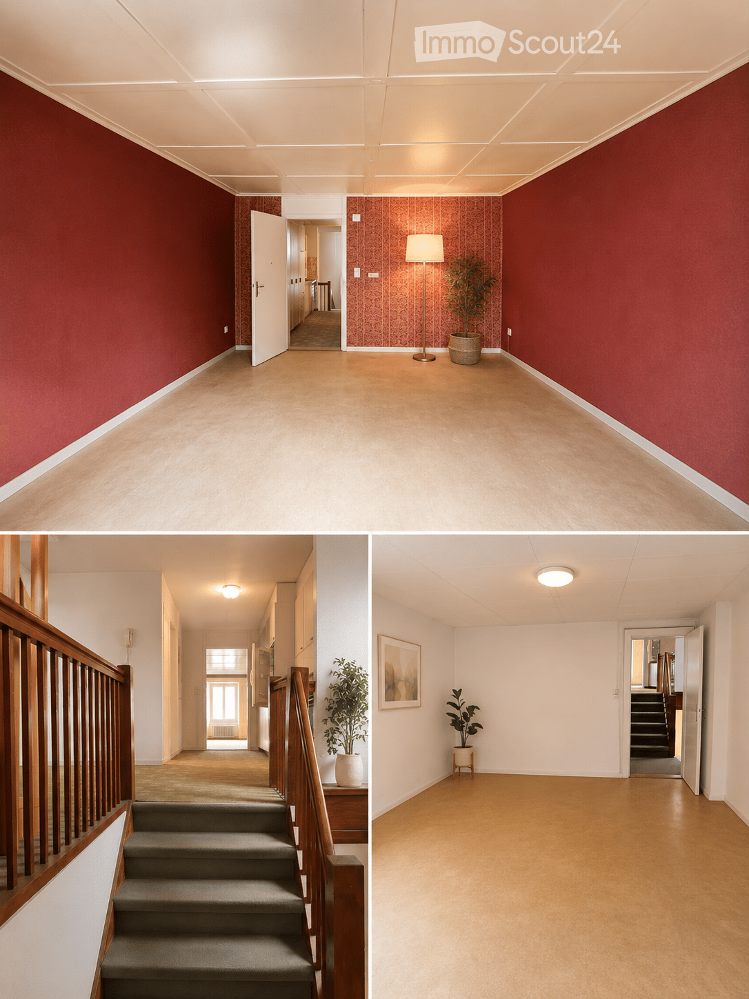 A series of hallway and corridor images showing clean, well-lit spaces with wooden floors, patterned wallpaper, and minimal furnishings including a potted plant and a staircase with wooden railings.