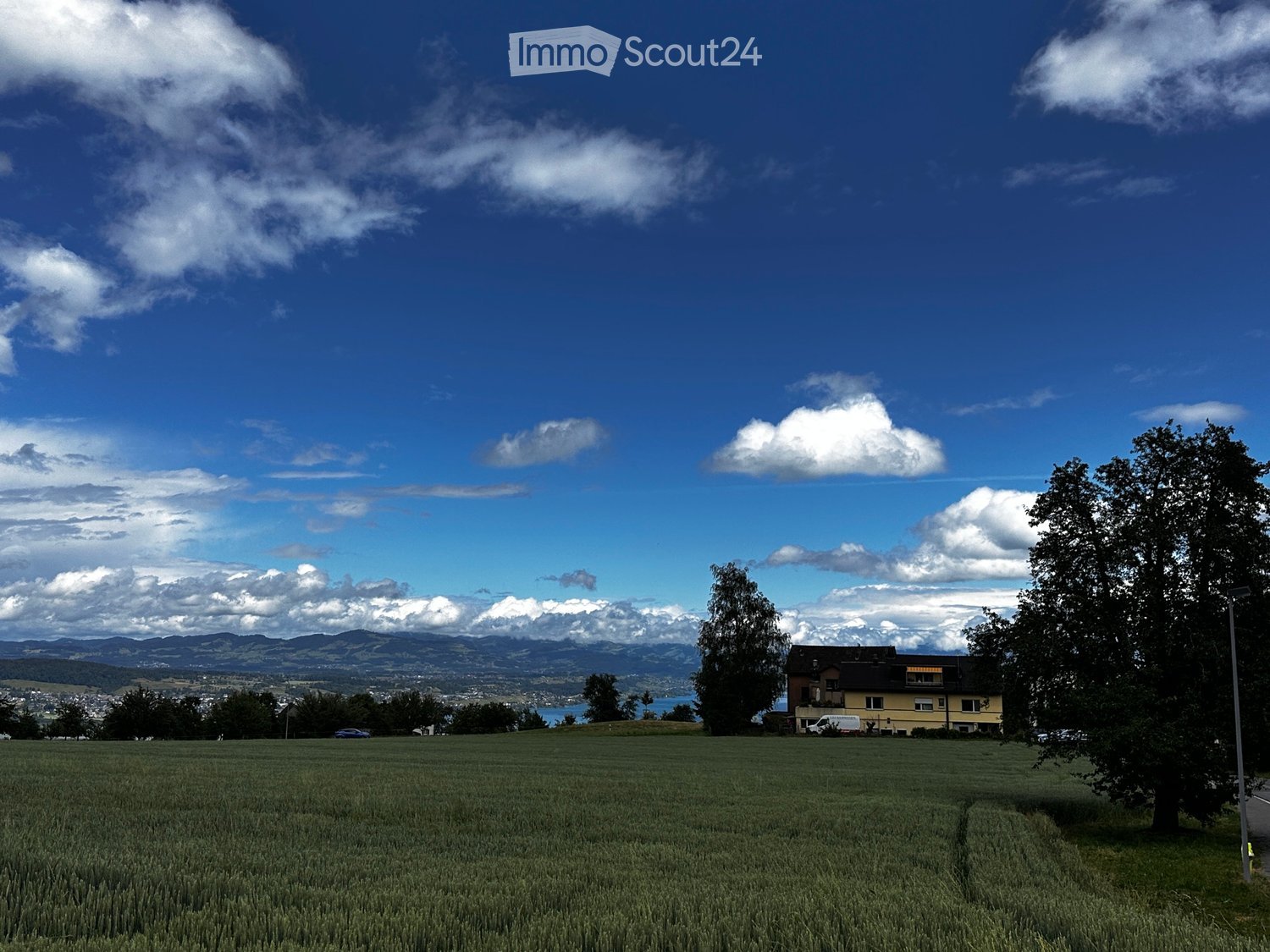 A two-story yellow house with a black roof, situated on a grassy field with trees and a scenic mountain view in the background.