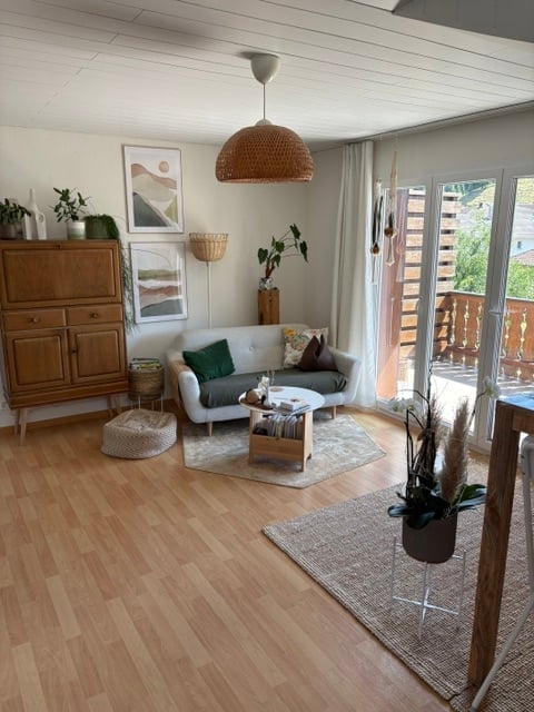 Bright living room with wooden flooring, white walls, large windows, and a balcony. Features a grey sofa with colorful cushions, a wooden coffee table, a round ottoman, a wooden cabinet, and several potted plants.