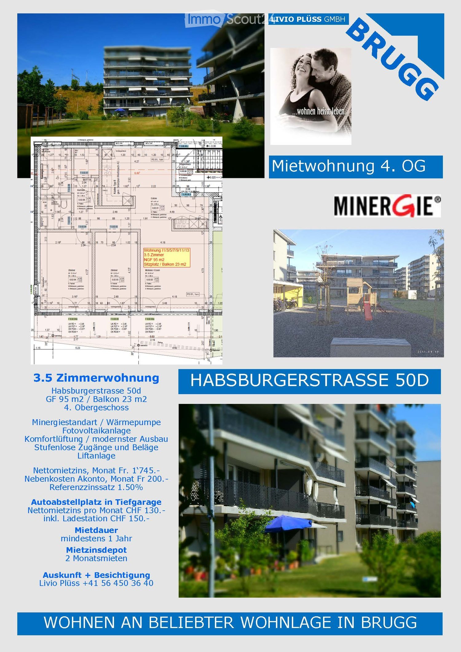 Floor plan and exterior view of a modern apartment building with balconies, green spaces, and parking area.
