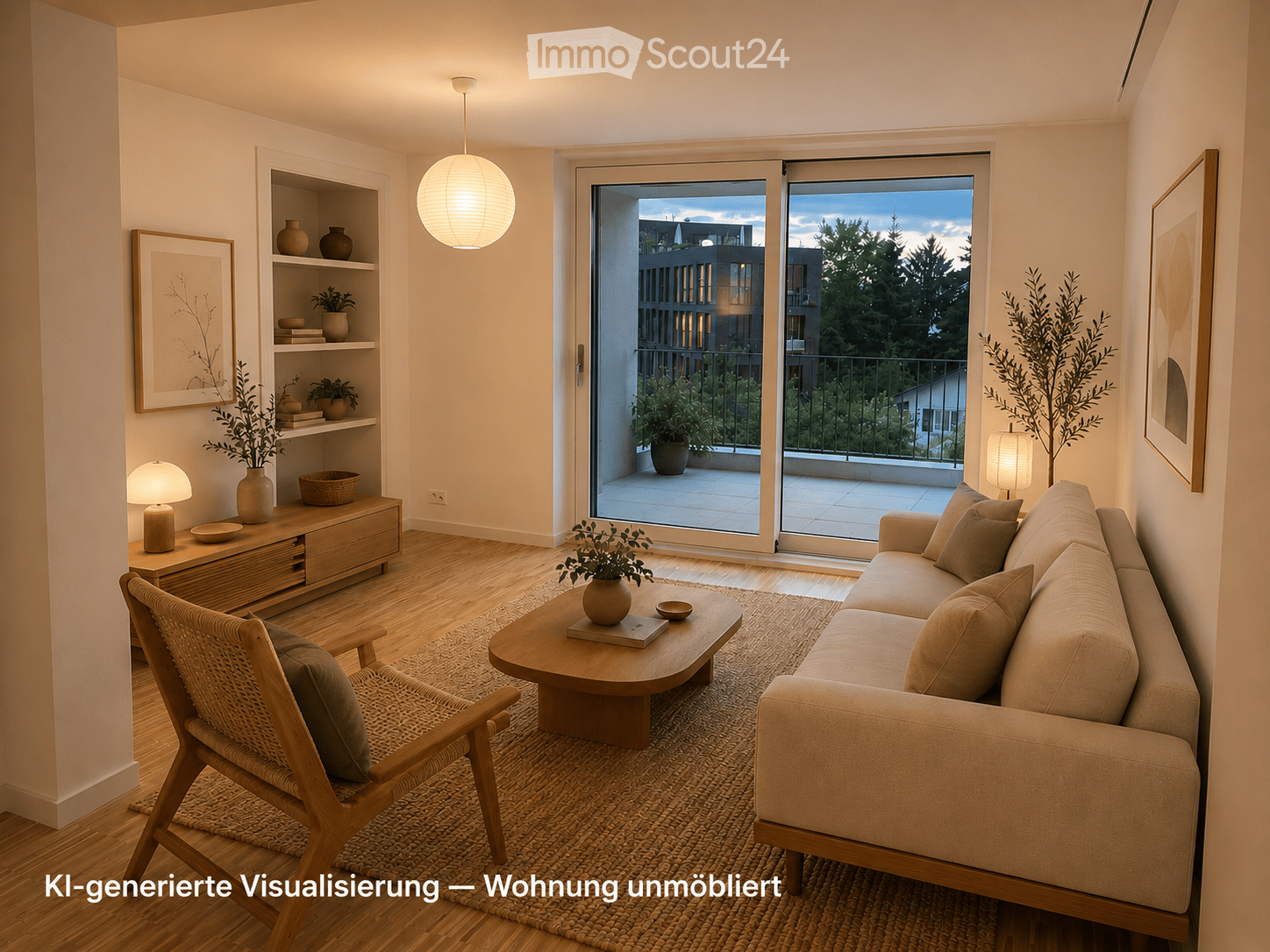 Modern living room with wooden flooring, large sliding glass doors leading to a balcony, a beige sofa, a wooden coffee table, a wicker chair, and decorative plants.