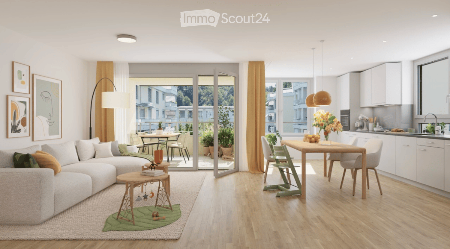 Modern living and dining area with a grey sectional sofa, coffee table, floor lamp, dining table with chairs, kitchen area with cabinets and sink, and decorative artwork on the walls.