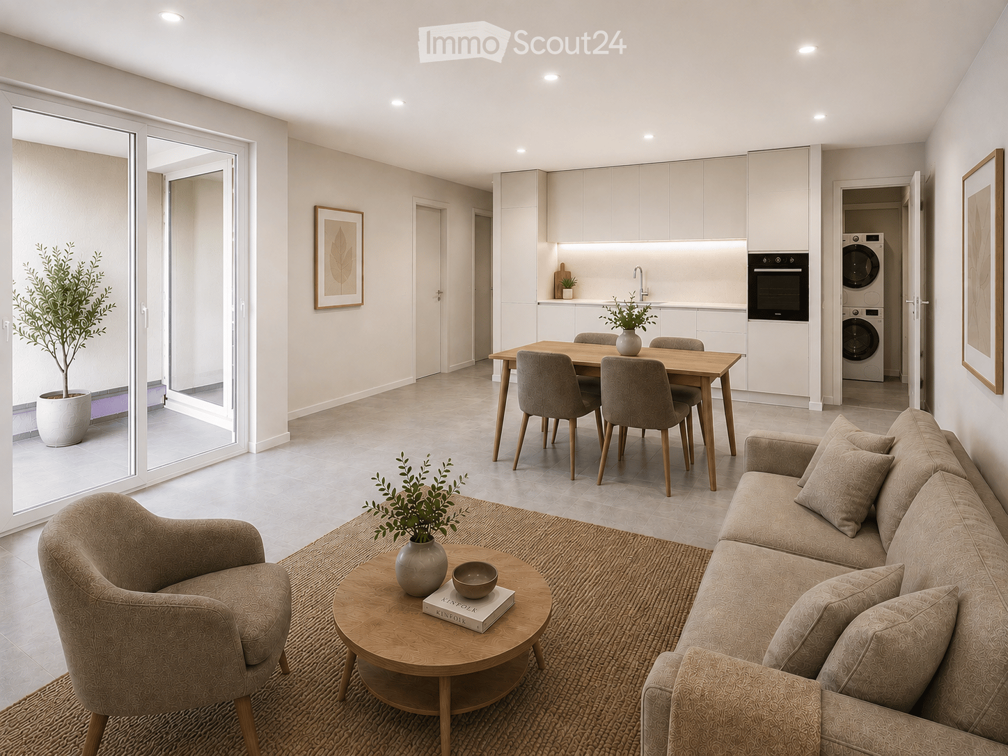 Modern open-plan living and dining area with a sofa, armchair, coffee table, dining table with chairs, and a kitchen area with cabinets, oven, and washing machine. The space features large windows, a potted plant, and decorative artwork.
