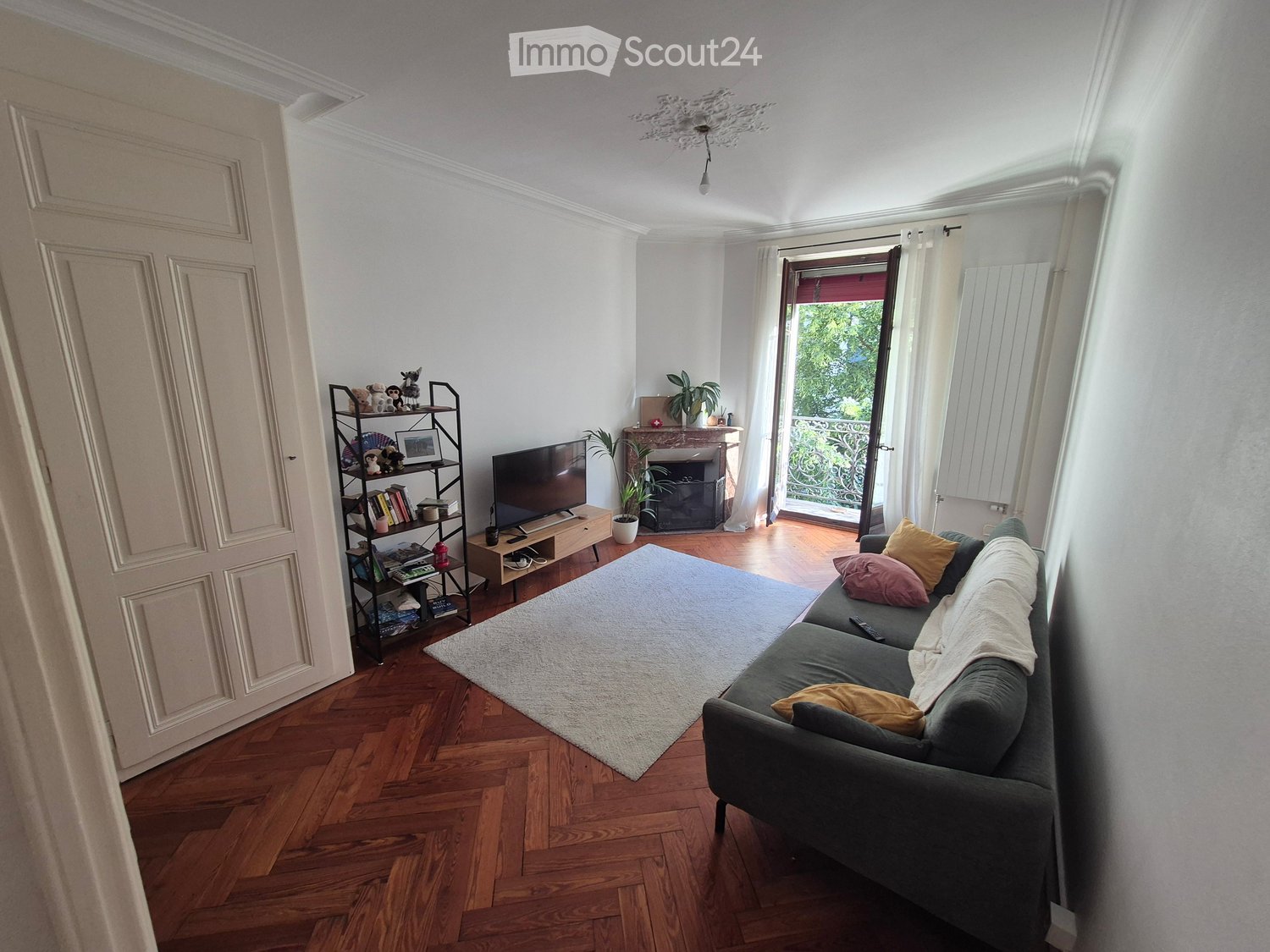 Living room with wooden flooring, grey sofa, coffee table, television, fireplace, and a shelf with books and decorative items.