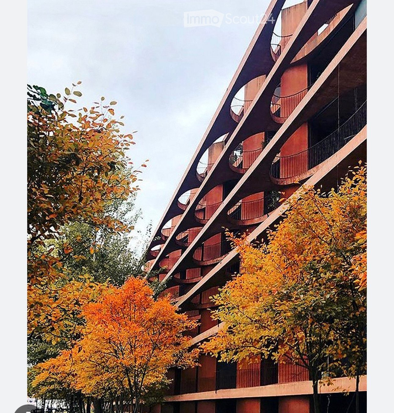 Modern multi-story building with red balconies and large windows, surrounded by autumn-colored trees.