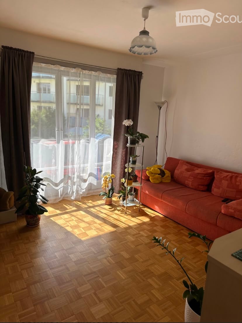 Bright living room with wooden parquet flooring, large window with sheer curtains, red sofa, small side table with potted plants, and a hanging ceiling light.
