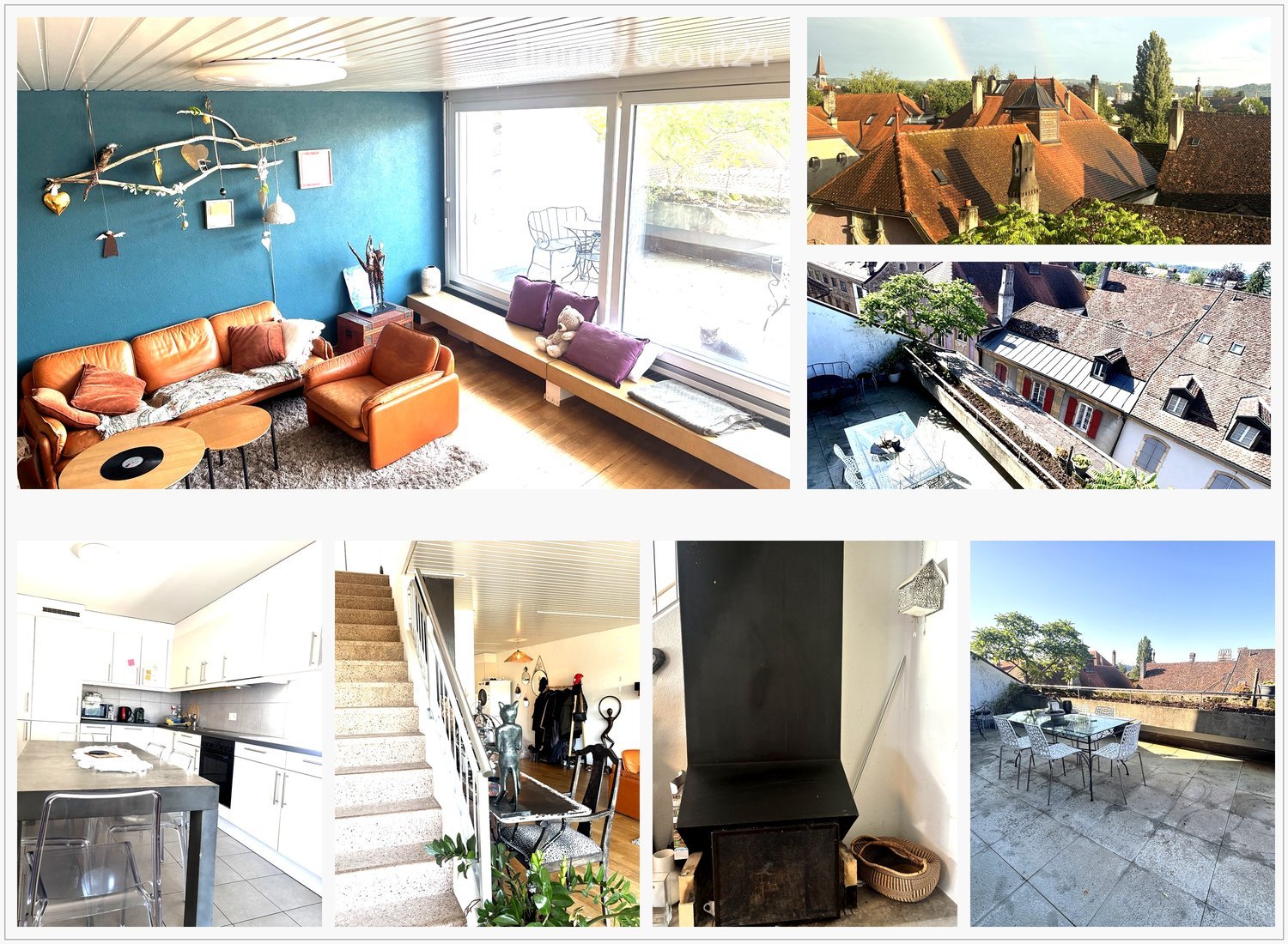 A multi-room house with a modern living room, kitchen, staircase, and outdoor terrace. The living room features a leather sofa, coffee table, and large windows with a view. The kitchen is equipped with white cabinets and stainless steel appliances. The ou