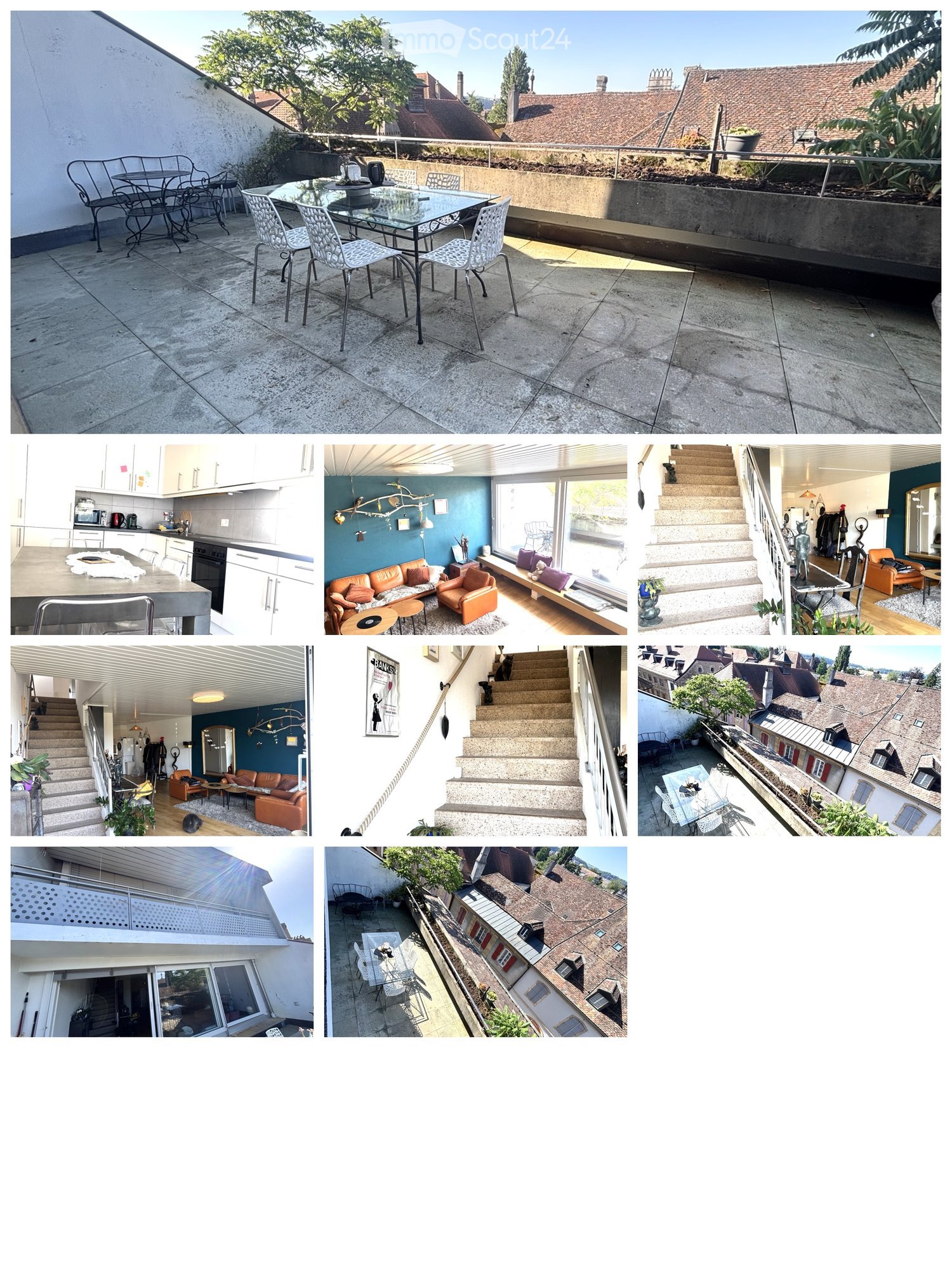 A collage of images showcasing a modern house with multiple balconies and terraces, featuring outdoor dining areas, indoor living spaces, and scenic views of the surrounding area.