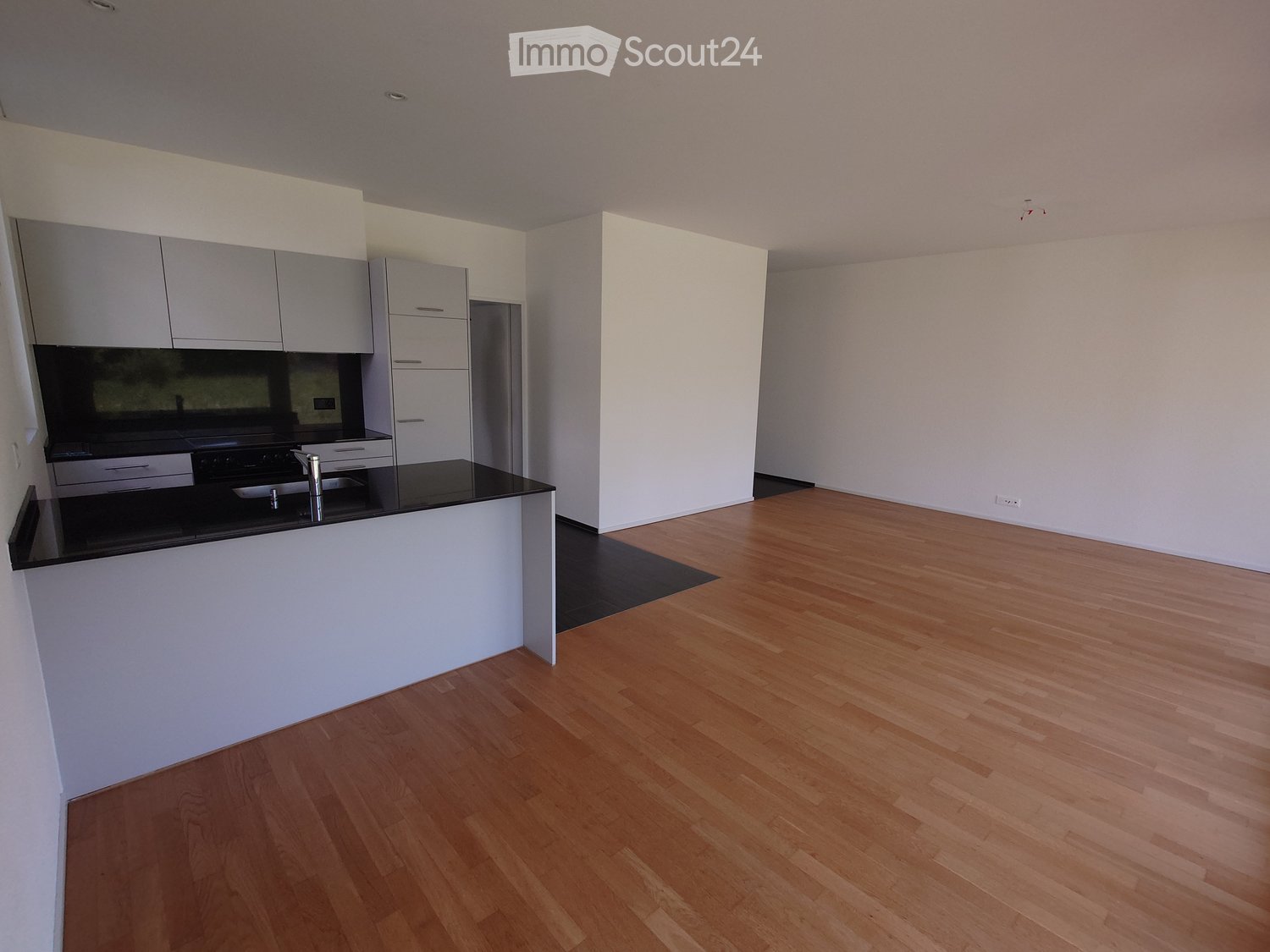 Empty room with light wooden flooring, white walls, and a modern kitchen area featuring grey cabinets, a black countertop, and built-in appliances.