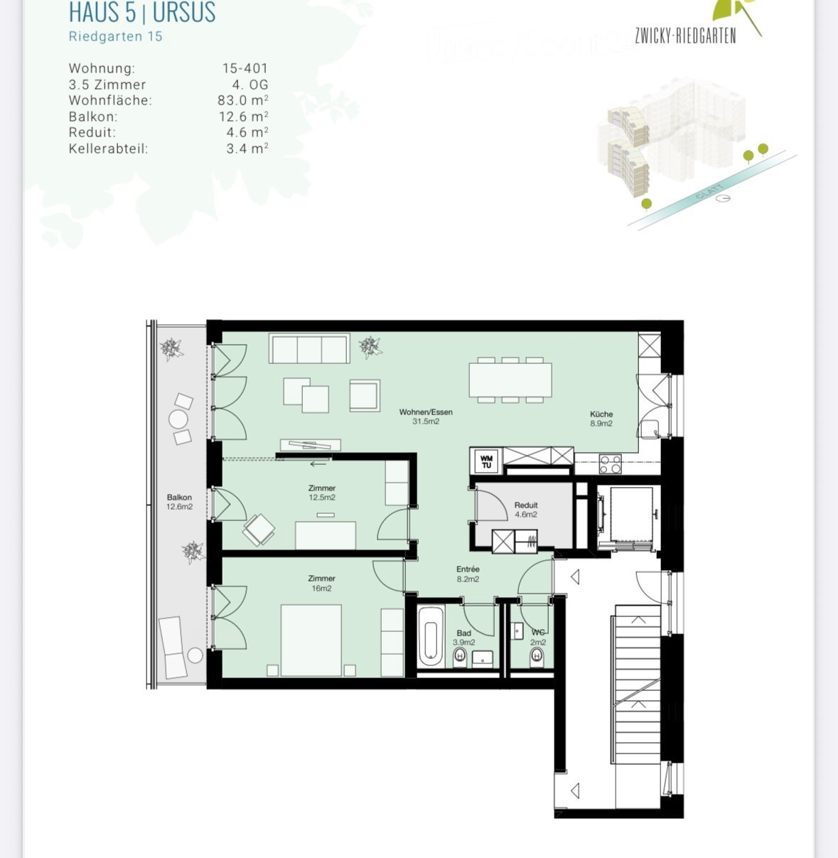 Floor plan of a 3.5-room apartment on the 4th floor, featuring a living/dining area, kitchen, two bedrooms, bathroom, hallway, and balcony.