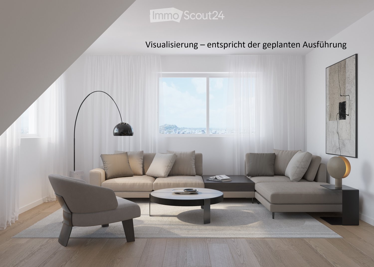 Modern living room with a sectional sofa, coffee table, armchair, floor lamp, table lamp, and a large picture frame on the wall. The room features large windows with white curtains and a view of the city.