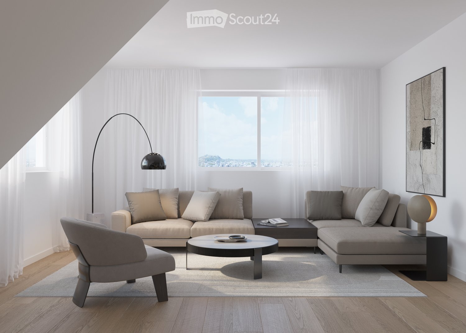 Modern living room with a sectional sofa, coffee table, armchair, floor lamp, table lamp, and artwork on the wall. Large windows with sheer curtains provide natural light.