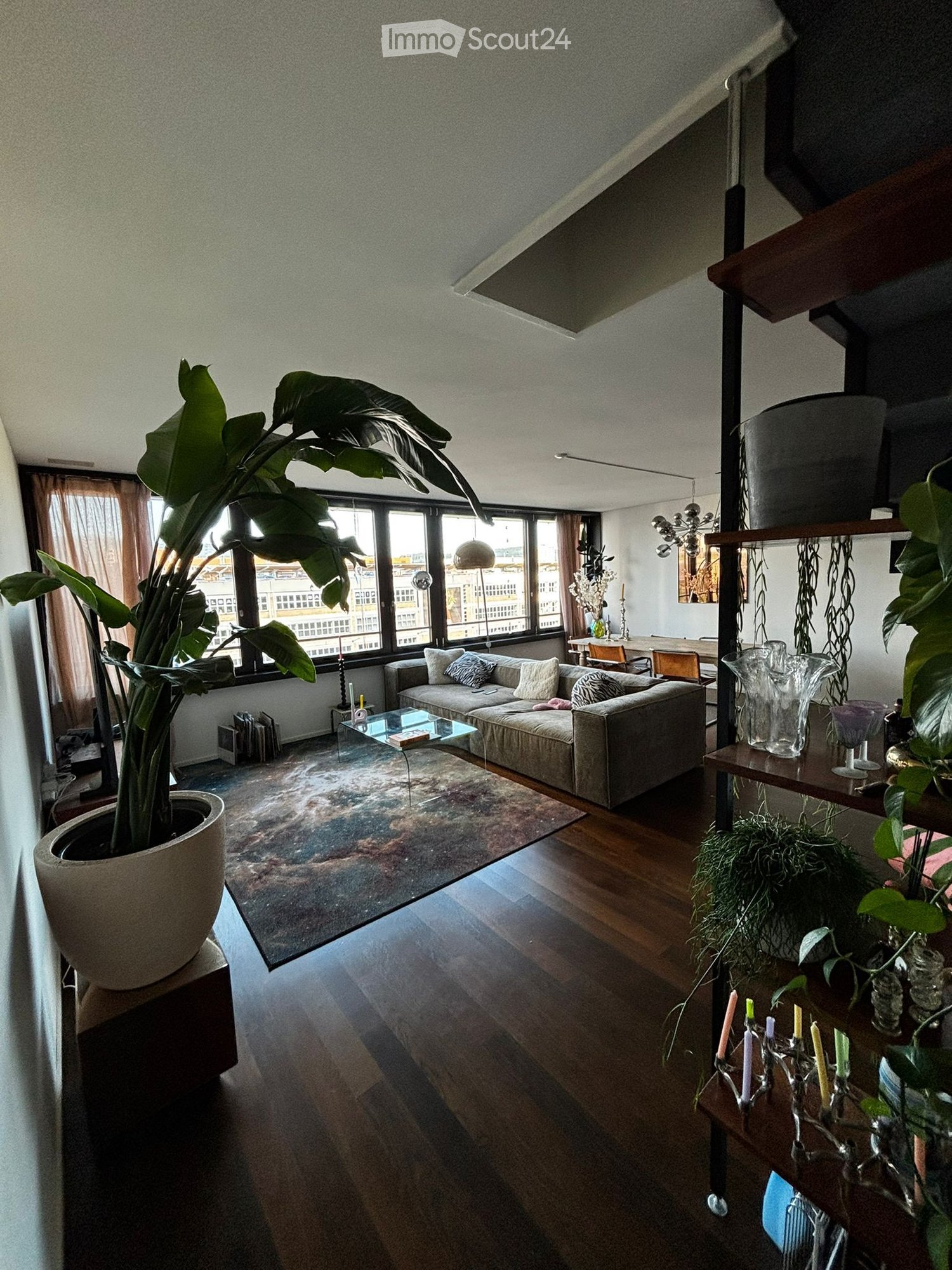 Modern living room with large windows, wooden flooring, a grey sofa, coffee table, dining area with table and chairs, decorative plants, and candle holders.