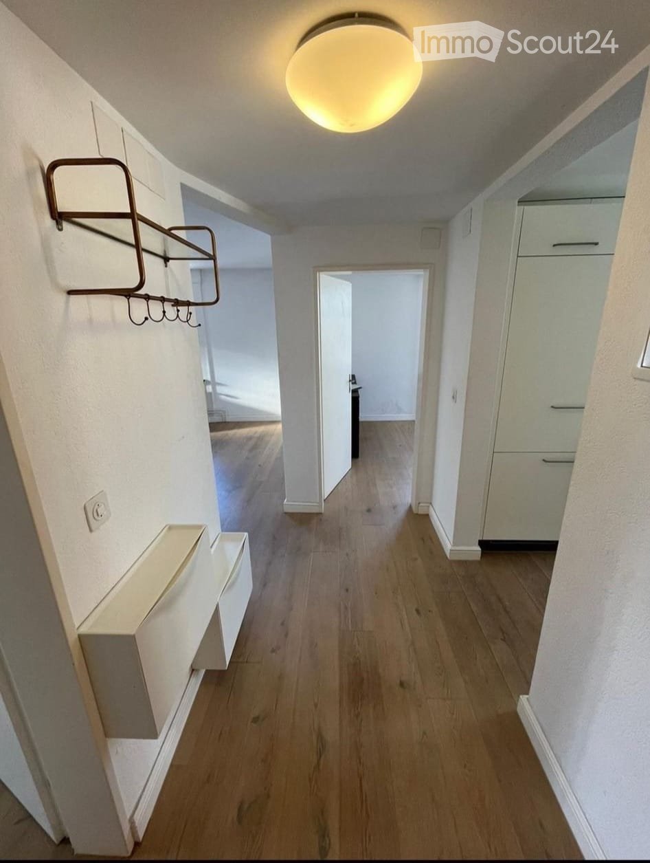 A narrow hallway with wooden flooring, white walls, and built-in storage units. A coat rack is mounted on the left wall, and a round ceiling light illuminates the space.