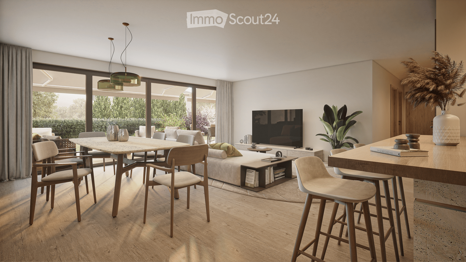 Modern living and dining area with a sofa, coffee table, dining table, chairs, stools, television, vase, plant, and book.