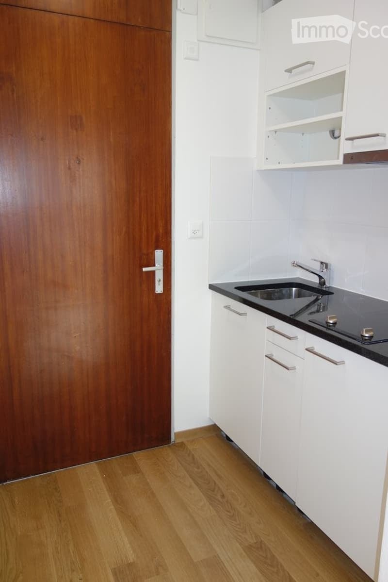 Modern kitchen with white cabinets, black countertop, stainless steel sink, and wooden flooring.