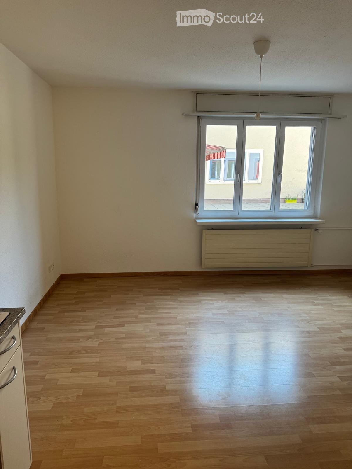Empty room with wooden flooring, white walls, large window with sliding doors, radiator, and visible electrical outlet.