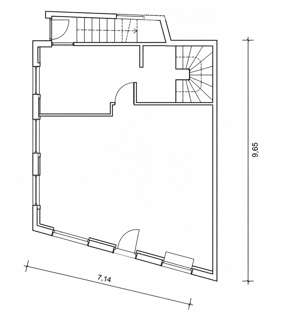 Floor plan of a residential space featuring a living area, kitchen, bedroom, and bathroom. Dimensions are marked for each room.