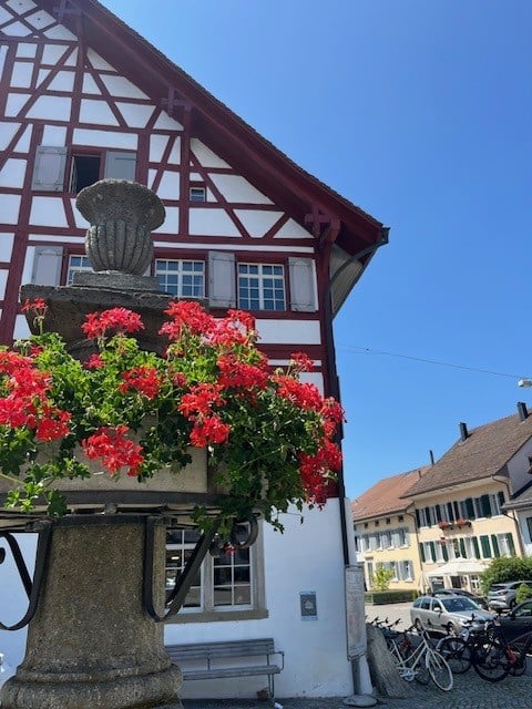 Traditional half-timbered building with red and white facade, multiple windows, and a decorative flower planter with red flowers on the balcony.