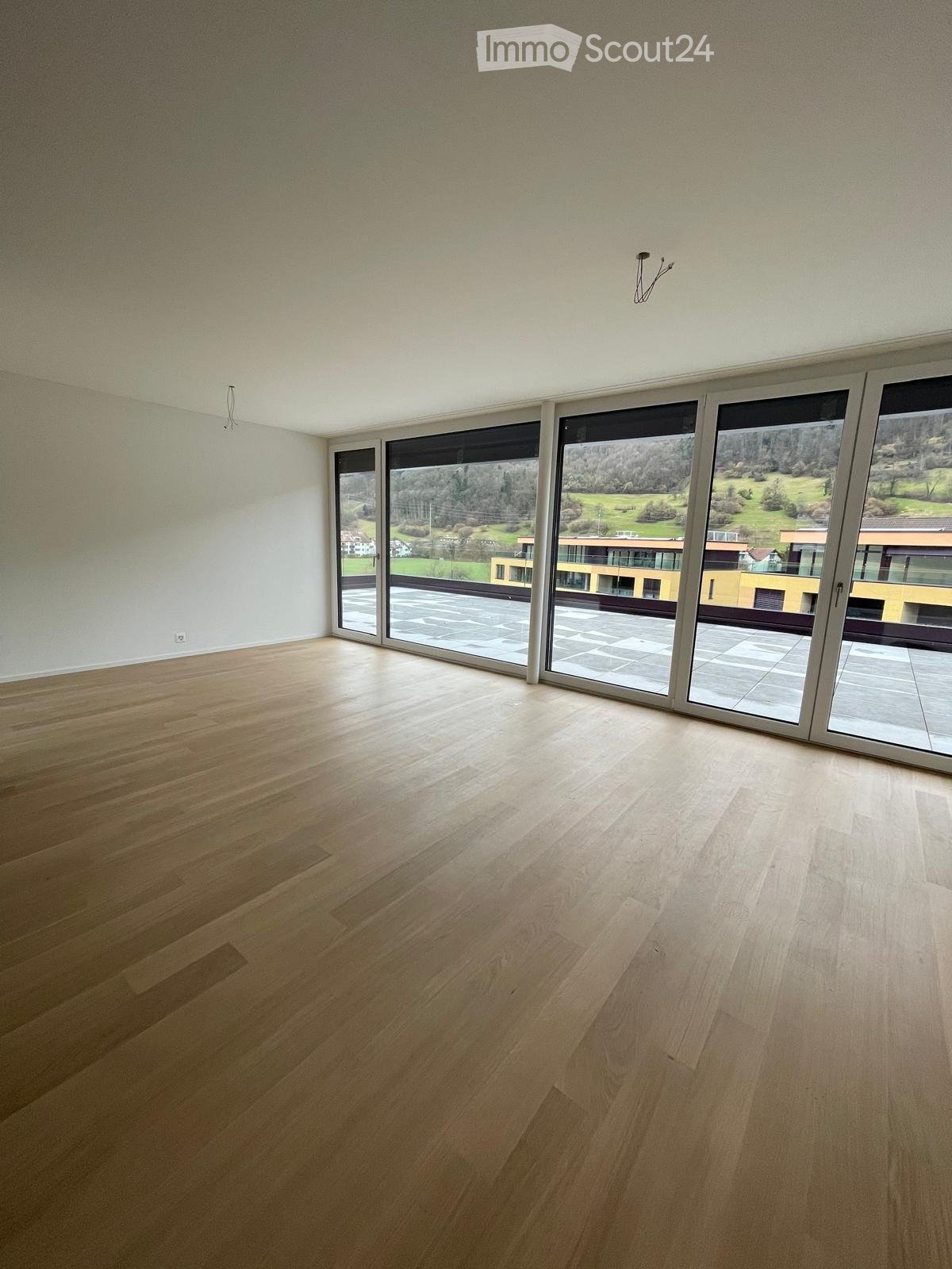 Empty room with light wooden flooring and large glass sliding doors leading to a balcony with a scenic view.