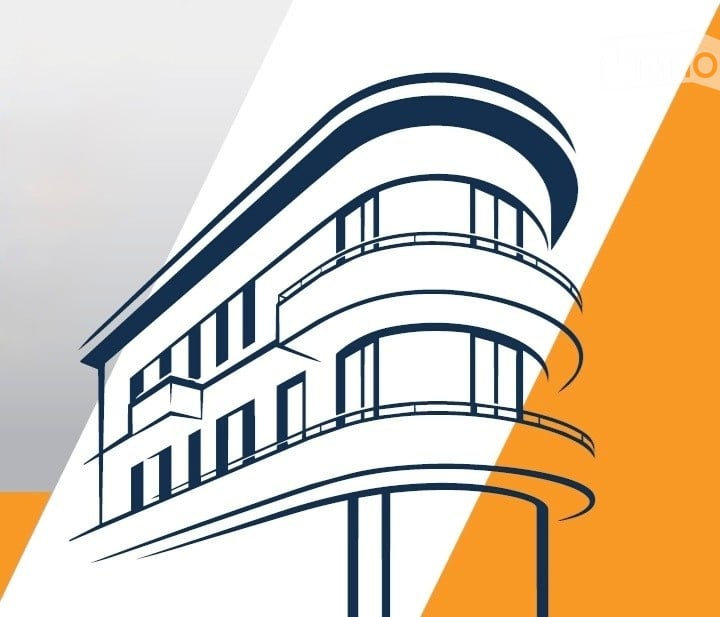 Illustration of a modern multi-story building with balconies and large windows, featuring a sleek, curved design.